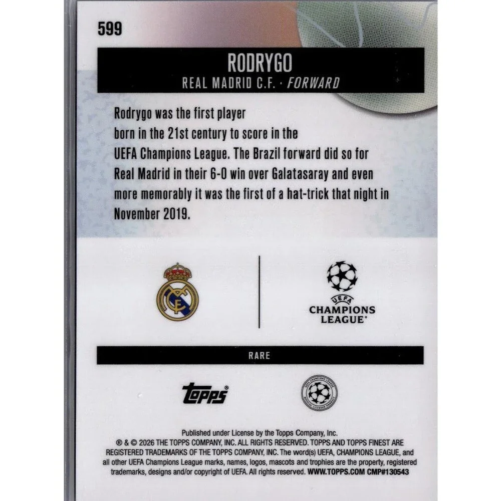 2026 Topps Finest UEFA #599 Rodrygo, Real Madrid C.F. Blue Checkerboard /99